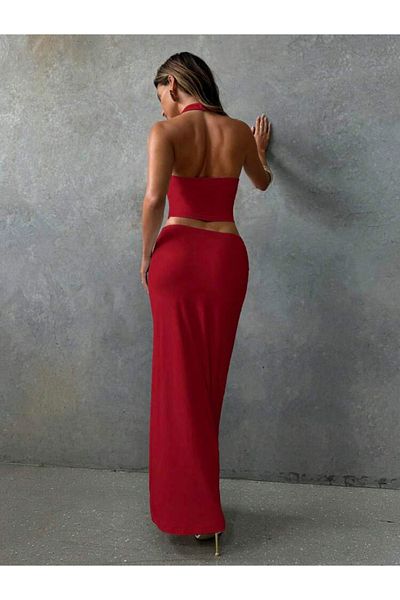 La Saade Y2K Summer Red Co-Ord Crush Top Blouse Bottom Skirt Two Piece Set