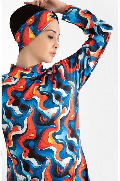 Pajama Shop Women's Black Orange Patterned Full Covered Quick Dry Tight Weaving Fabric Long Sleeve Leggings Checkered Swimsuit