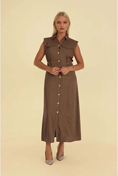 FABB Rochie maro din in, lungime midi