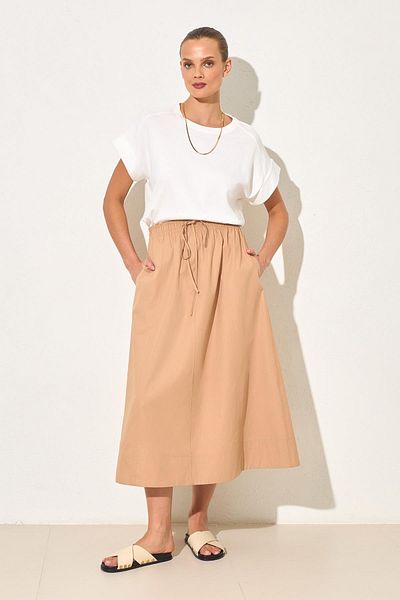 Setre Camel 100% Cotton Comfortable Cut Midi Length Skirt with Elastic Waist
