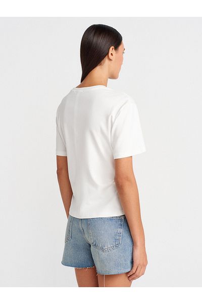Dilvin 31874 Slit Detailed T-Shirt-Ecru