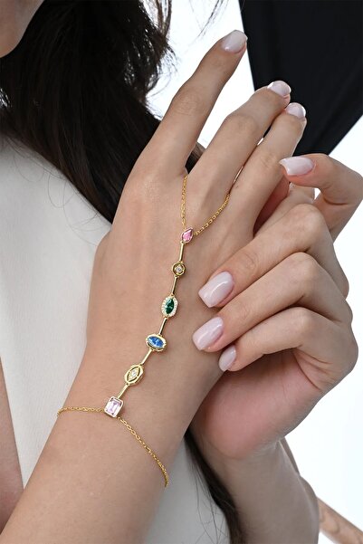 Söğütlü Silver Gümüş altın yaldızlı asimetrik kesim renkli zirkon taşlı şahmeran SGTL12867GOLD