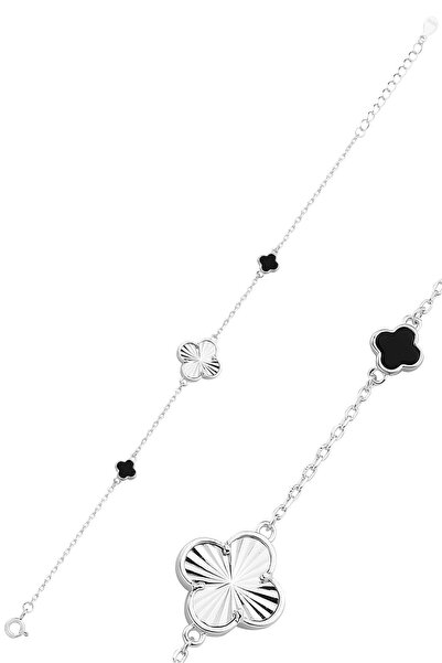 Söğütlü Silver Gümüş rodyumlu siyah taşlı lazerli talih yoncası bileklik SGTL...