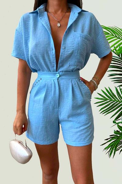 FashionForYou Set cu cămașă și pantaloni scurți din crep de bumbac, Jolin, albastru deschis, M