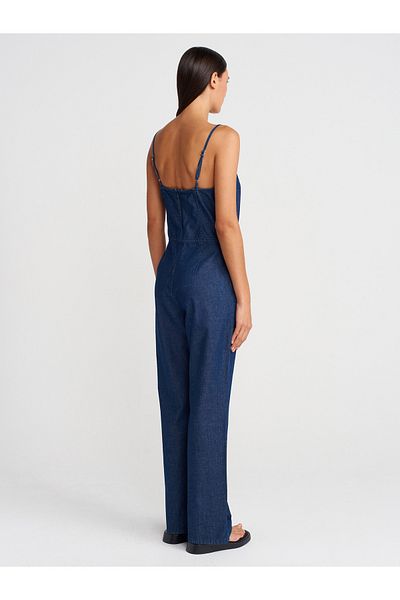 Dilvin 72012 Thin Strap Denim Jumpsuit-Navy Blue