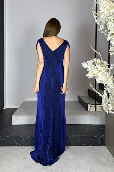 gesmoda G1444 Stone Detailed Glitter Maxi Evening Dress Navy Blue