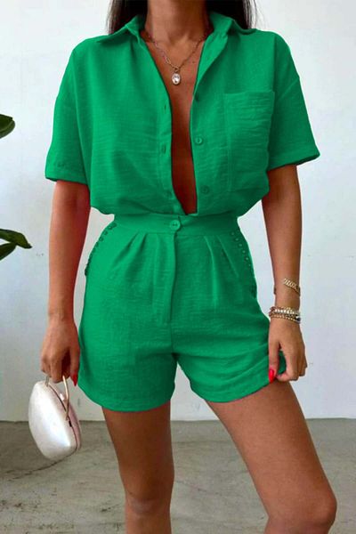 FashionForYou Set with crepe cotton, Jolin, shirt and shorts with pleats, Green, L