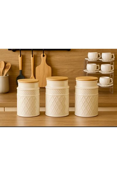 Kitchen Pembelia 3-piece bamboo lid porcelain 1500 ml large size jar set for legume tea sugar salt coffee storage set