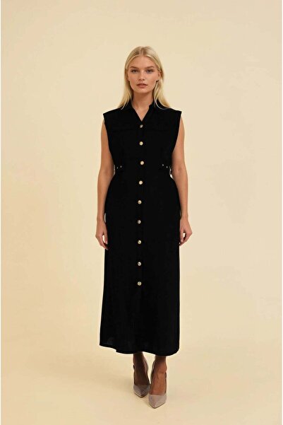 FABB Rochie neagră de lungime midi din in