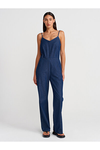 Dilvin 72012 Thin Strap Denim Jumpsuit-Navy Blue