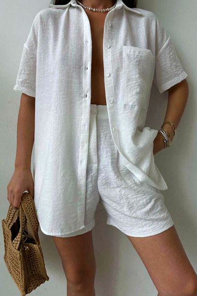 FashionForYou Set with crepe cotton, Jolin, shirt and shorts with pleats, White, L