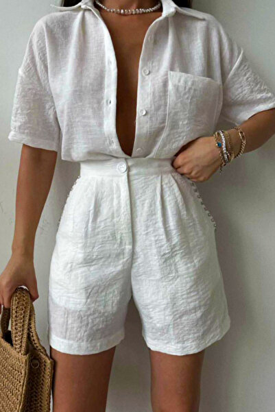 FashionForYou Σετ από κρεπ βαμβάκι, Jolin, πουκάμισο και σορτς με πιέτες, Λευκό