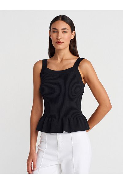 Dilvin 10775 Square Neck Strap Ruffle Knitwear Blouse-Black