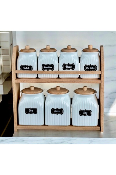 Kitchen Pembelia Ahşap Standlı Etiketli 7’li Porselen Baharatlık Seti Baharatlık Takımı
