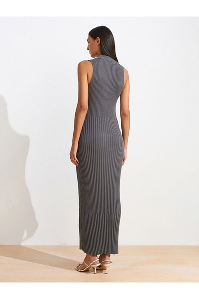 Dilvin 90249 V Polo Neck Ribbed Knitwear Dress-Smoked