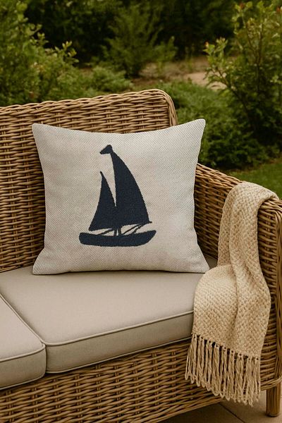 Rivaİstanbul Navy Blue Sailboat Straw Look Woven Punch Throw Pillow Cover