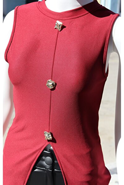 trendhazan A Quality Button and Front Slit Detail Ottoman Fabric Zero Sleeve Bluz