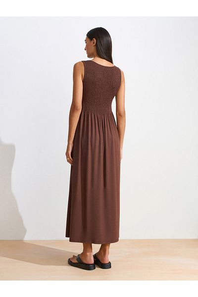 Dilvin 91465 Boat Neck Midi Dress-Light Brown