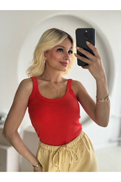 FEHUBLOOM Pomegranate Flower U Neck Ribbed Tank Top