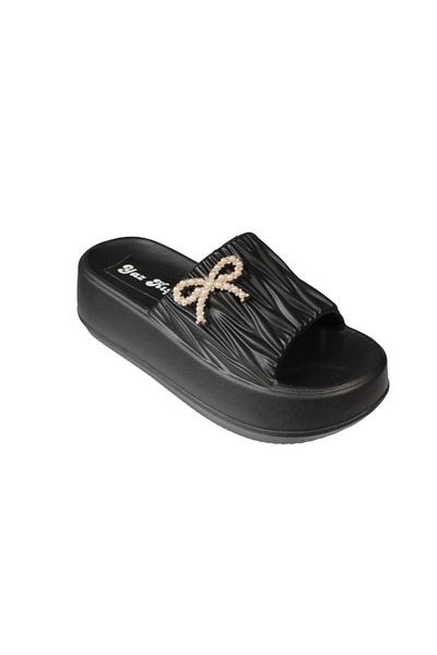Yaz Kış Ayakkabı Yazkiş Women's Black Skin White Buckle Top 6cm Thick Sole Eva Slippers