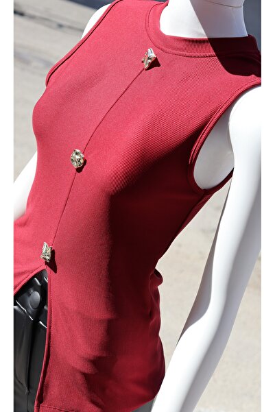 trendhazan A Quality Button and Front Slit Detail Ottoman Fabric Zero Sleeve Bluz