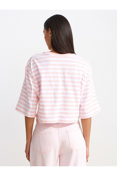 Dilvin 30282 Crop Crew Neck T-Shirt-Pink