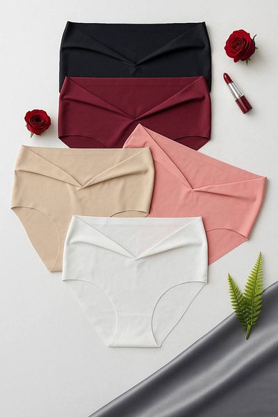 BERBUR STORE 5 Pack Laser Cut Seamless No Trace High Waist Panties Beige Powder Black White Bordo