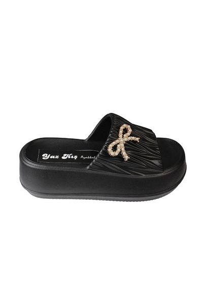 Yaz Kış Ayakkabı Yazkiş Women's Black Skin White Buckle Top 6cm Thick Sole Eva Slippers