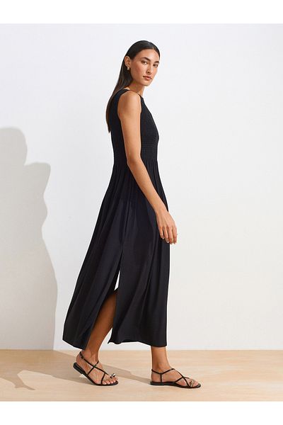 Dilvin 91465 Boat Neck Midi Dress-Black