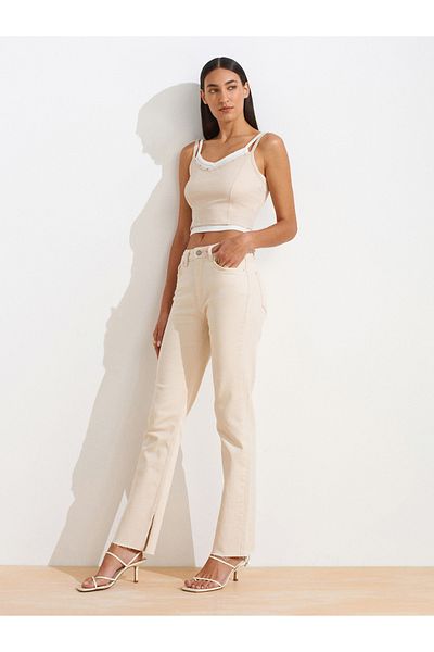 Dilvin 72019 Side Cut Stright Denim Trousers-Ecru