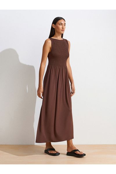 Dilvin 91465 Boat Neck Midi Dress-Light Brown