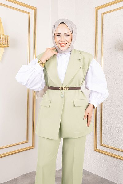 Tesettür Dünyası Belted Vest Suit Tsd250189 Green