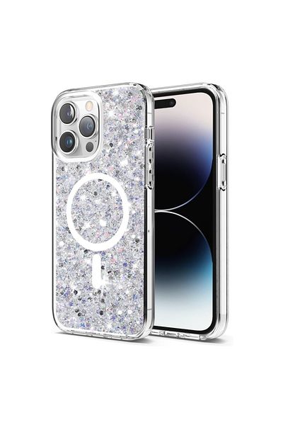SKYDDAR INNOVATION Case for IPhone 14 Pro, SparkleCase, Glitter Silicone, Full Protection, White, sticker set