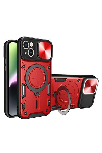 SKYDDAR INNOVATION Case for IPhone 14, CamGuard Pro, Magnetic Ring, Camera Protection, Red, sticker set