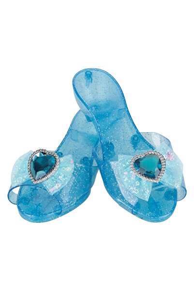 OEM Pantofi Jucarie Fete, Model Cu Toc, Culoare Bleu, Glitter Argintiu, Fundita Inima, Marime 27