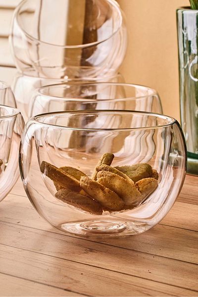 Perotti Bowy 6-Piece Double-Walled Glass Sauce Bowl, Jam Bowl, Dragee Bowl, Turkish Delight Bowl 9X5,5 cm