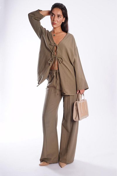 Madmext Khaki Front Tie Bottom Top Set Mg2423
