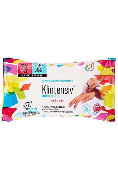 KLINTENSIV Șervețele Dezinfectante Mâini – KLINTENSIV, 15 buc, Igienă Rapidă și Protecție Antibacteriană