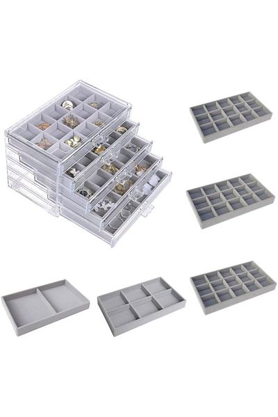 COOYA 5-layer acrylic jewelry storage box, multiple compartments, velvet fabric, suitable for jewelry,gray