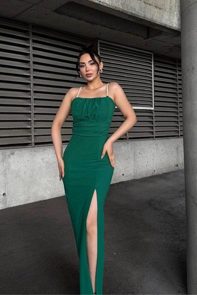 Mossta Draped Slit Detailed Evening Dress - Green