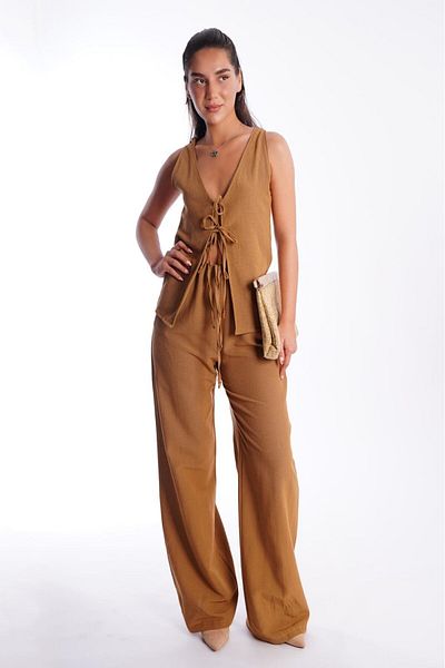 Madmext Camel Front Tie Vest Trousers Women's Suit Mg2403