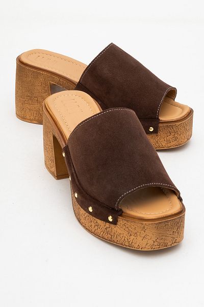LuviShoes Pull Brown Suede Genuine Leather Women's Platform Heeled Slippers