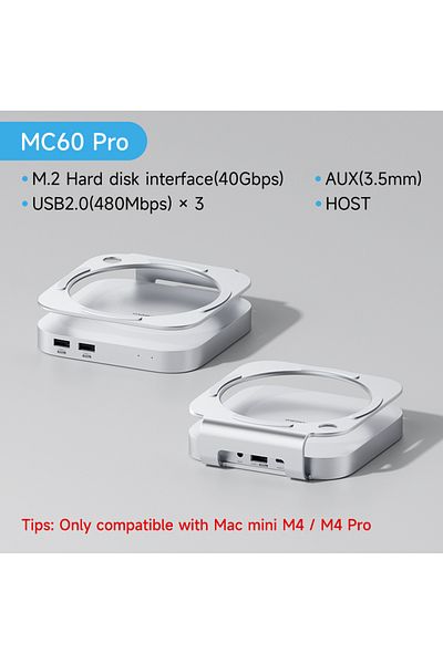 Choice موزع USB-C من هاجيبيس MC60 Pro مع حاوية M.2 SSD لجهاز ماك ميني M4/M4 Pro وحامل من النوع C