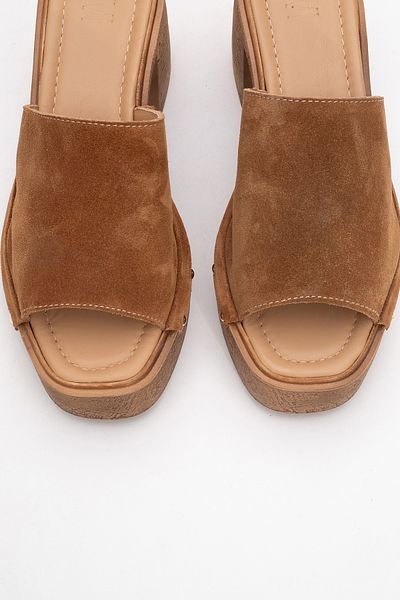 LuviShoes Pull Tan Suede Genuine Leather Women's Platform Heeled Slippers