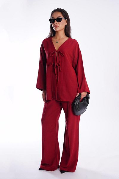 Madmext Burgundy Tie Front Bottom Top Set Mg2423