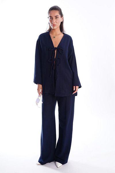 Madmext Navy Blue Tie Front Bottom Top Set Mg2423