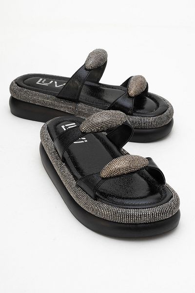 LuviShoes Finery Black Stone Buckle Women's Thick Soled Slippers
