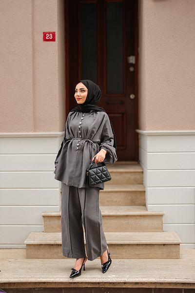 LOCCO Women's Front Button Detailed Double Suit Gray