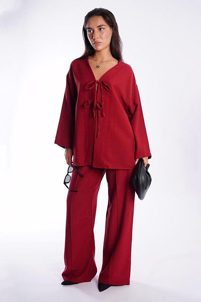 Madmext Burgundy Tie Front Bottom Top Set Mg2423
