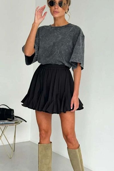 FashionForYou Fustă scurtă cu volane și efect 3D, Sharu, Negru, Mărime S/M